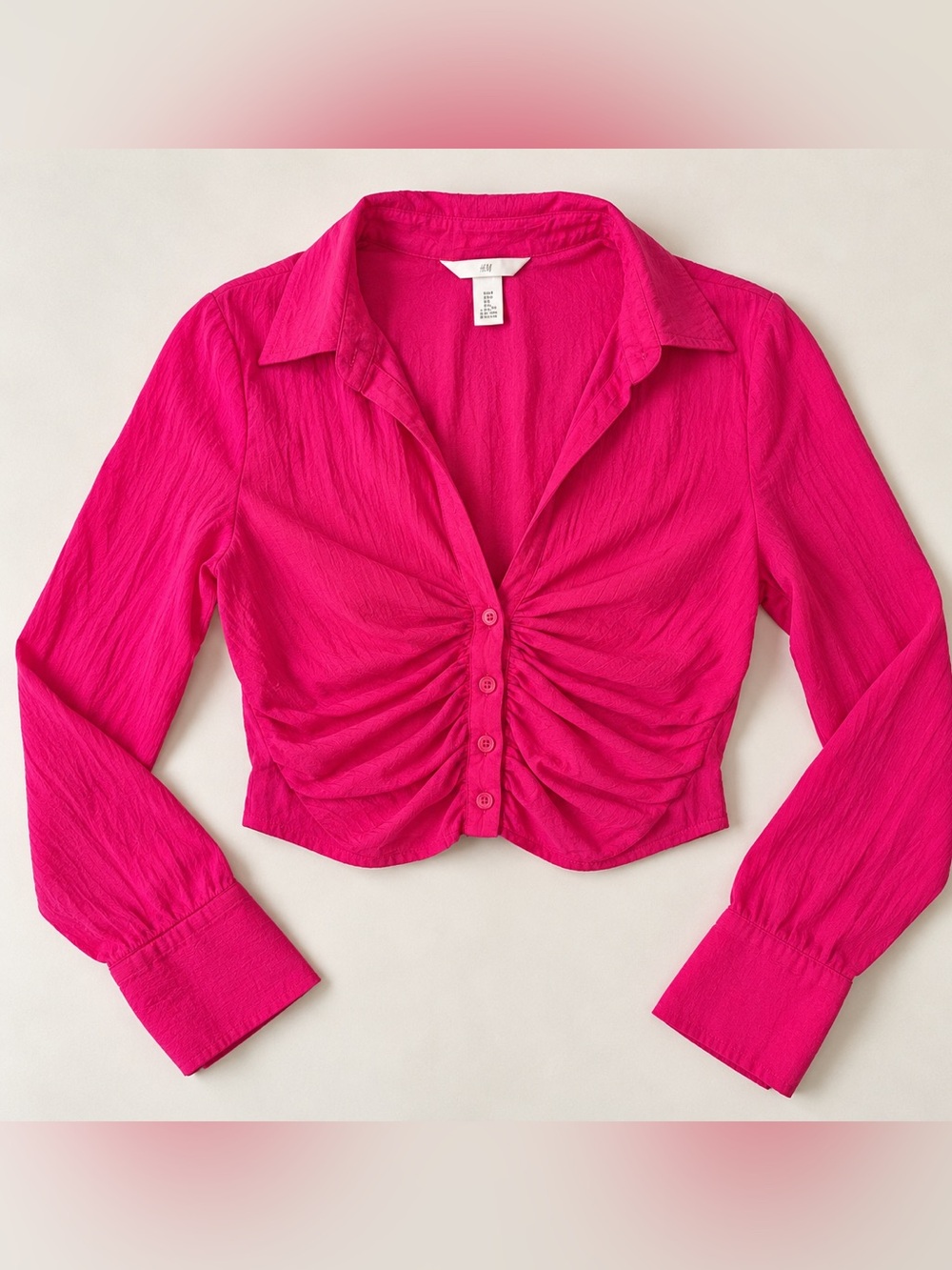 H&M Bright Pink Ruched Button-Front Crop Shirt
